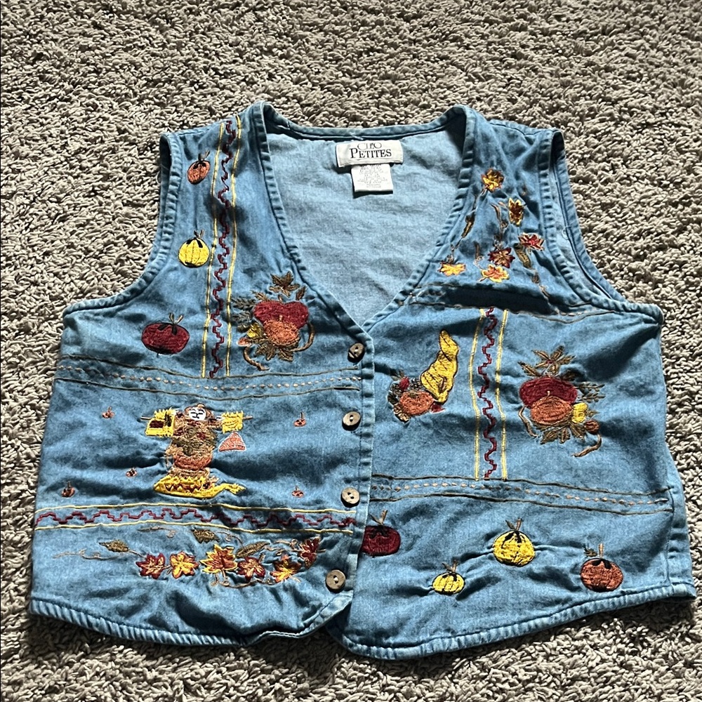 Embroidered Denim Vest with Autumn Motifs